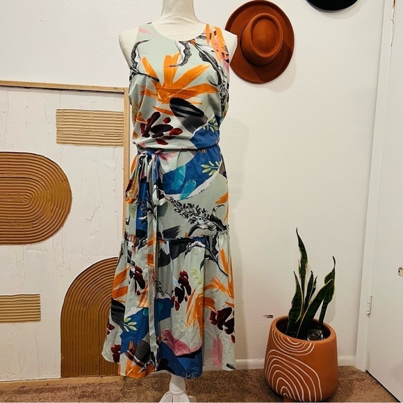Slate & Willow Botanical Jungle Print Wrap Midi Tiered Sleeveless Dress - Picture 1 of 14